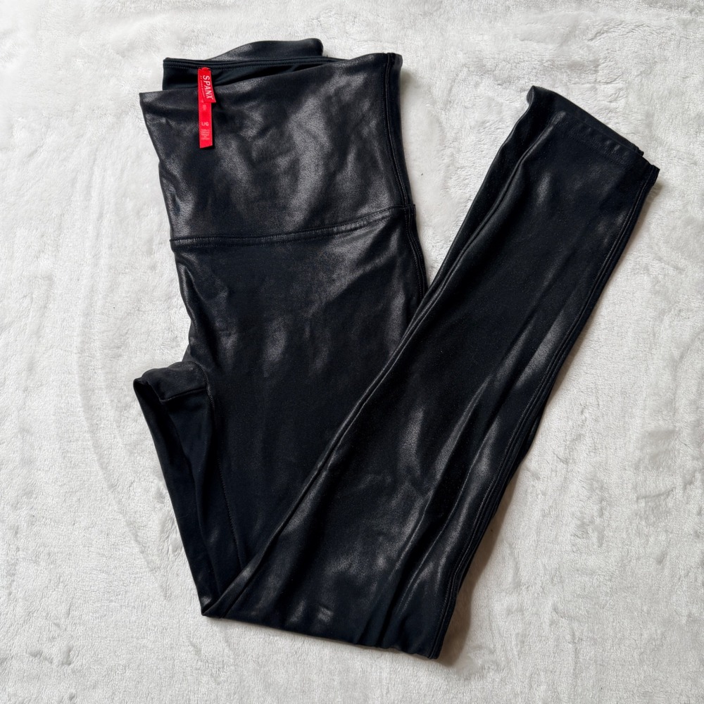 Spanx Faux Leather Leggings Black stretchy High Waisted Compression Size Large L